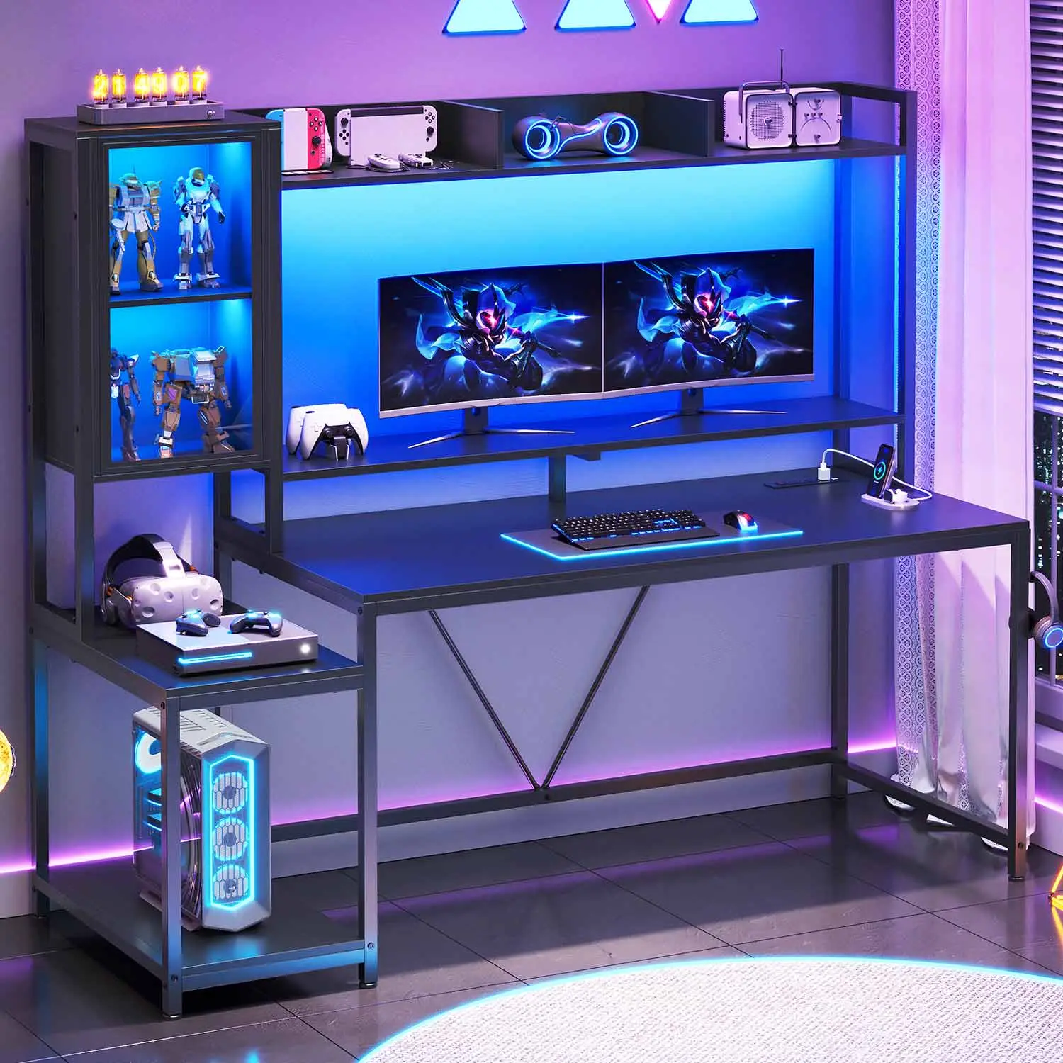 Sikaic 60-Inch Black LED RGB Lighting Gaming Desk with Power Outlet, Ergonomic Office Furniture with Storage Cabinet for Gaming, Home Office Use
