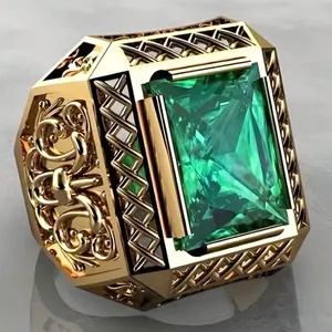 Men’s Nugget Ring 14K Gold-Plated Square Band with Stone Accent – Wedding & Gift Ring