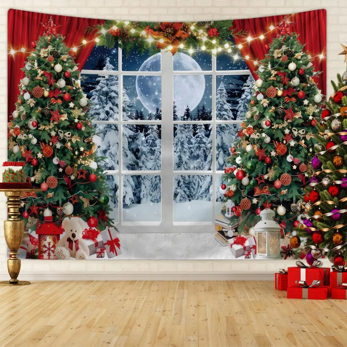 Rectangle Christmas Themed Tapestry - 1 Count 3D Effect Window Design Photography Background Cloth, Holiday New Year's Eve Party Decoration Banner for School Home Office