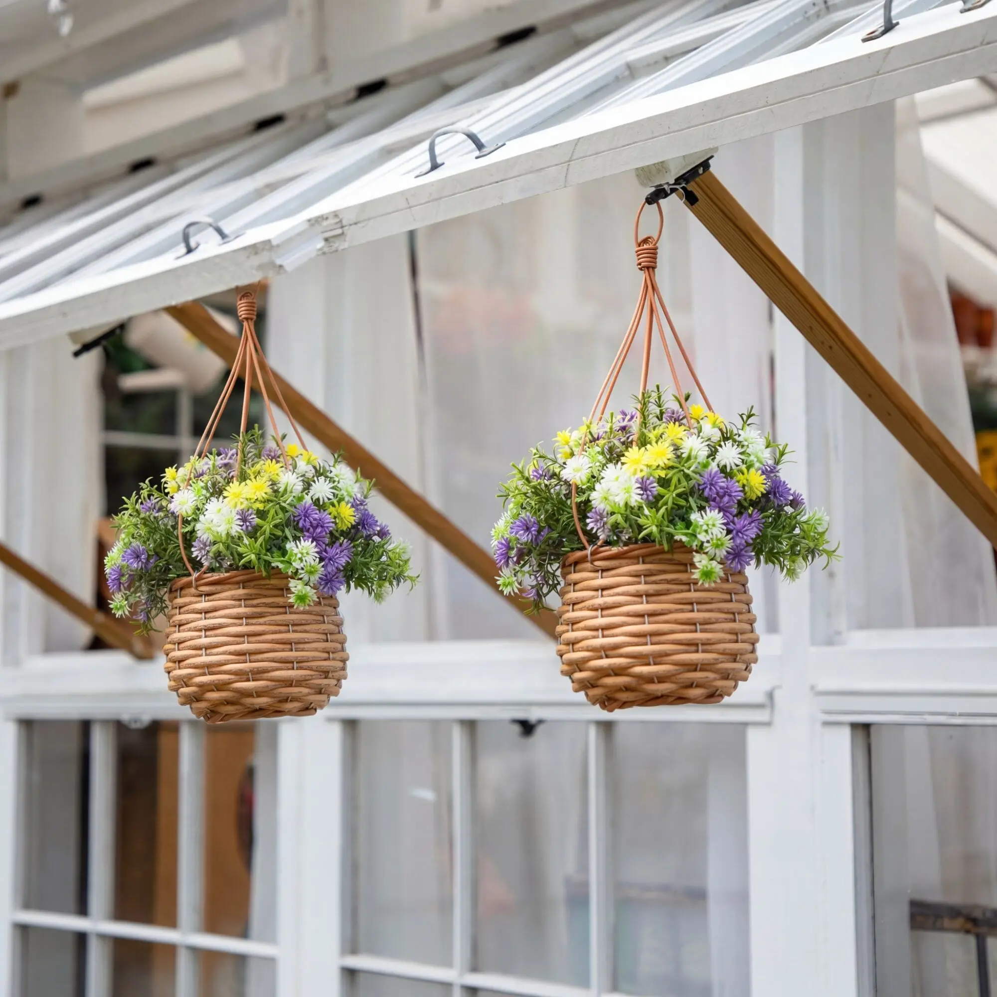 13” UV Resistant Artificial Dandelion and Rosemary in Woven Hanging Basket (Indoor/Outdoor) -Set of 2
