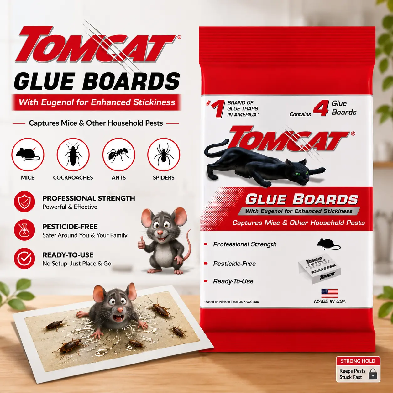 Tomcat Eugenol Glue Boards, 4 Ready-To-Use Traps with Enhanced Stickiness & Immediate Grip for Mice, Cockroaches, Spiders & Insect Capture, Flat or Covered Use for Kitchens, Garages