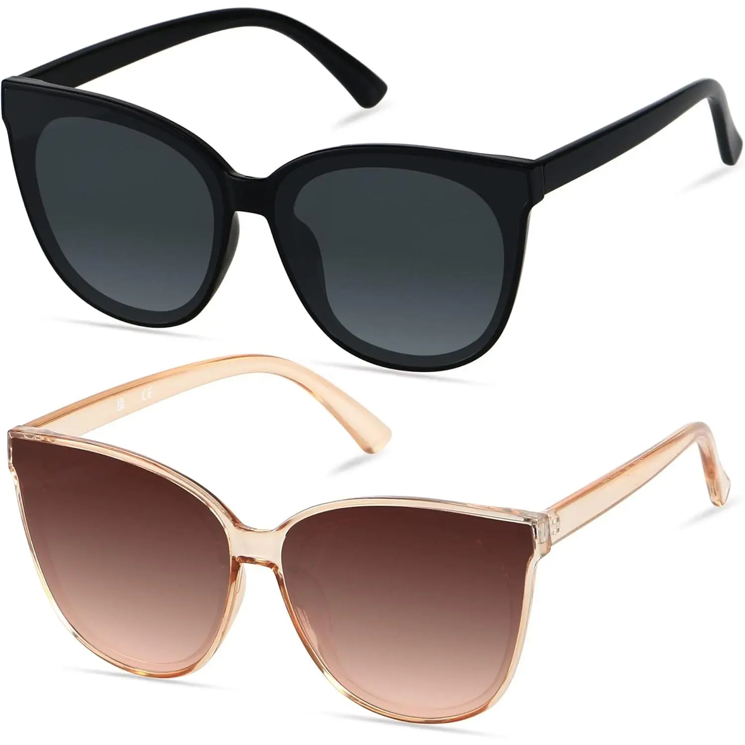 Oversized Cateye Sunglasses for Women, 2 Pack with Polarized Lenses, Full Rim Fashion Frames in Black and Champagne, (2Pack) Black + Champagne, Black | Polarized Lens