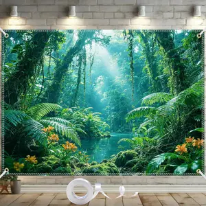 Forest Backdrop 7x5FT Jungle Backdrop Rainforest Safari Nature Scene with 10m Ribbon & 4 Brass Grommets, Double Stitched Enchanted Forest Backdrop for Party Jungle Theme Decorations Photo Booth