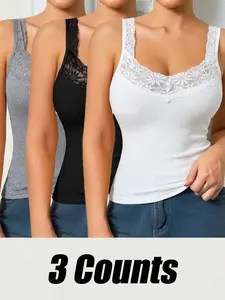SERACAL 3 Pack Women Lace Trim Ribbed Tank Tops, Slim Fit Base Layer Camisole For Daily Wear