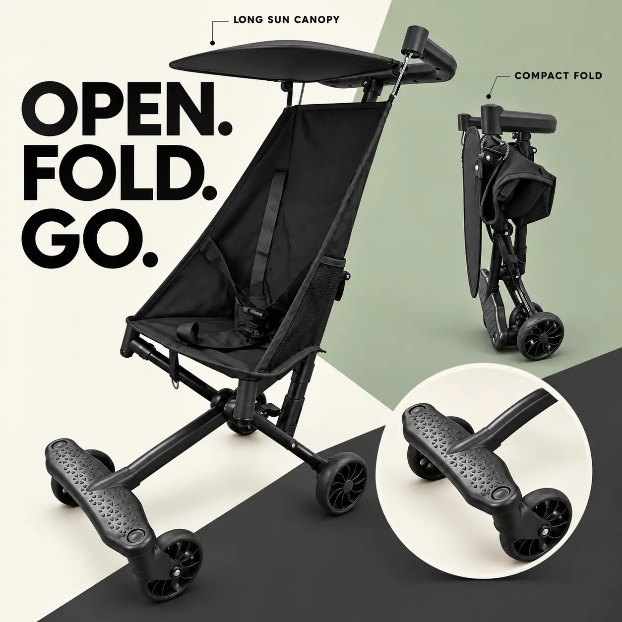 Toddler Lightweight Compact Travel Baby Stroller, 1-Hand 1-Click Fold, 5-Point Harness, Adjustable Sun Canopy, All-Terrain Silent Wheels, for Travel & Daily Use