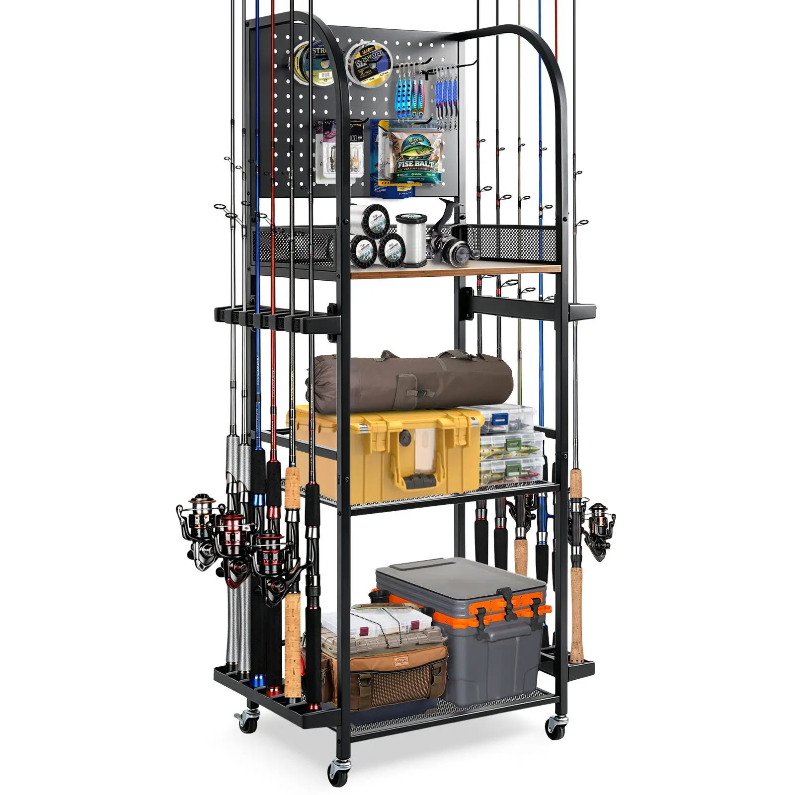 【Summer Wins】Father's Love Fishing Rod Holders for Garage, Fishing Pole Holders,Fishing Rod Rack Holds Up to 12 Rods, Rolling Fishing Pole Storage Organizer with Pegboard, Hooks & Wheels, Fishing Gear Organizer for Tackle Boxes, Reels & Accessories
