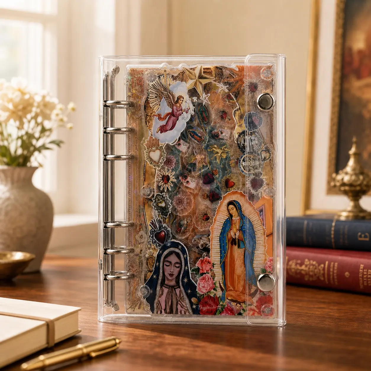 Handmade Acrylic Shaker Journal-A6 Refillable Binder Notebook with Movable Shaker Details - Catholic Religious Virgen de Guadalupe Women's Office Stationery, Mexican Latina Journaling Supplies, Meaningful Birthday & Grief Comfort Gift