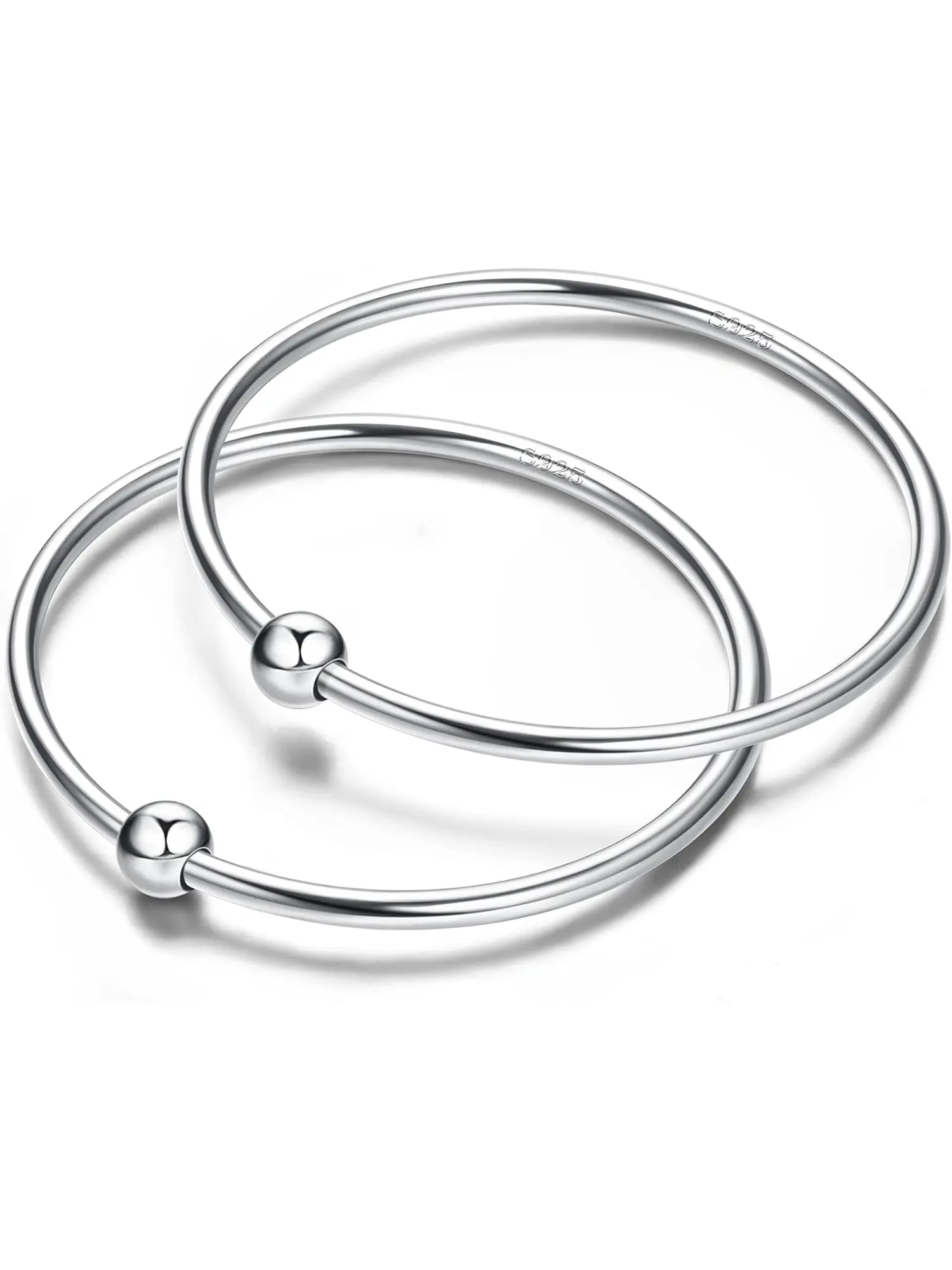 2pcs 925 Sterling Silver Fidget Rings with Bead 1mm Thin Plain Band Rings Round Edgy Comfor-Fit Finger Rings 18K White Gold Plated Interlocked Stackable Rings for Women