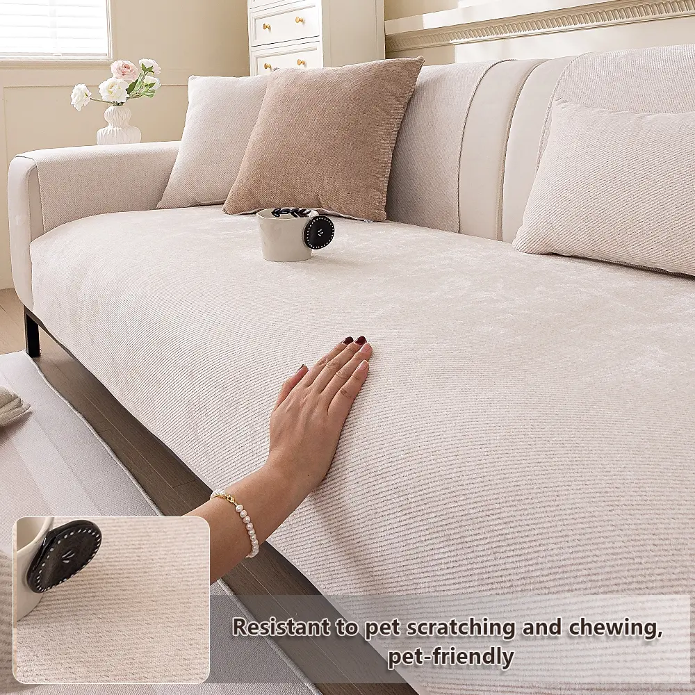 Minimalist Striped Design Solid-Color Sofa Cover, Chenille Anti-Slip Scratch-Resistant Sofa Slipcover, Dustproof Wrinkle-Resistant Sofa Protector, Pet-Friendly Sofa Cover for 1-4 Seater Sofas, Machine-Washable, Dustproof Couch Protector