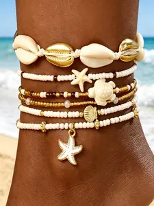 6 Pcs Women's Anklet Set, Waterproof Shell Pearl Heart Starfish Conch Chain Anklets, Bohemian Beaded Layered Anklets, Beach Gift, Fashion Casual