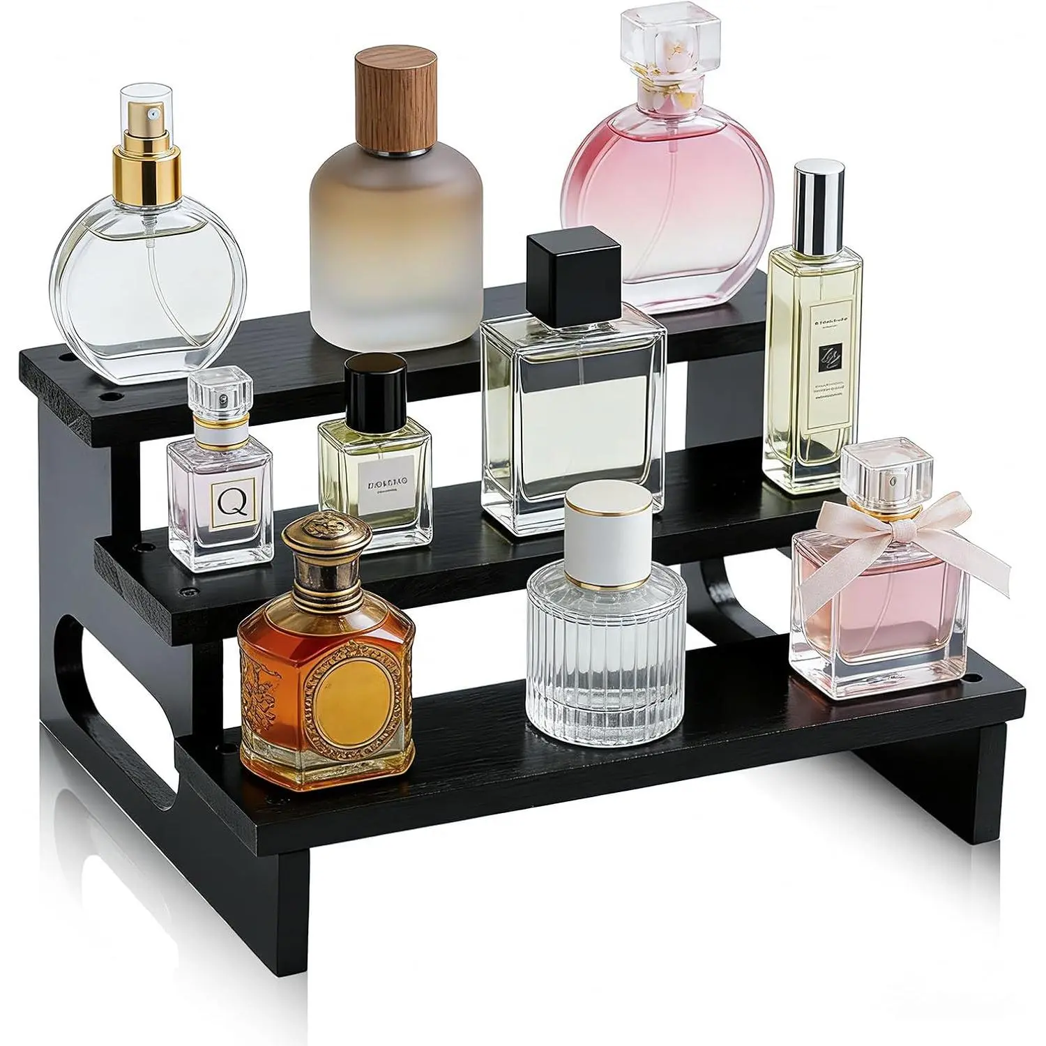 Wooden Cologne Organizer for Men, 3-Tier Solid  Perfume Display Stand with Carry Handles, Tiered Countertop Organizer for Cologne, , Skincare, Candles & Spices, Black