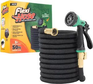 Flexi Hose Expandable Garden Hose with 8 Function Nozzle, 50FT - Lightweight Retractable Garden Hose, Water Hose - No-Kink Flexibility, 3/4 Inch Solid Brass Fittings and Double Latex Core