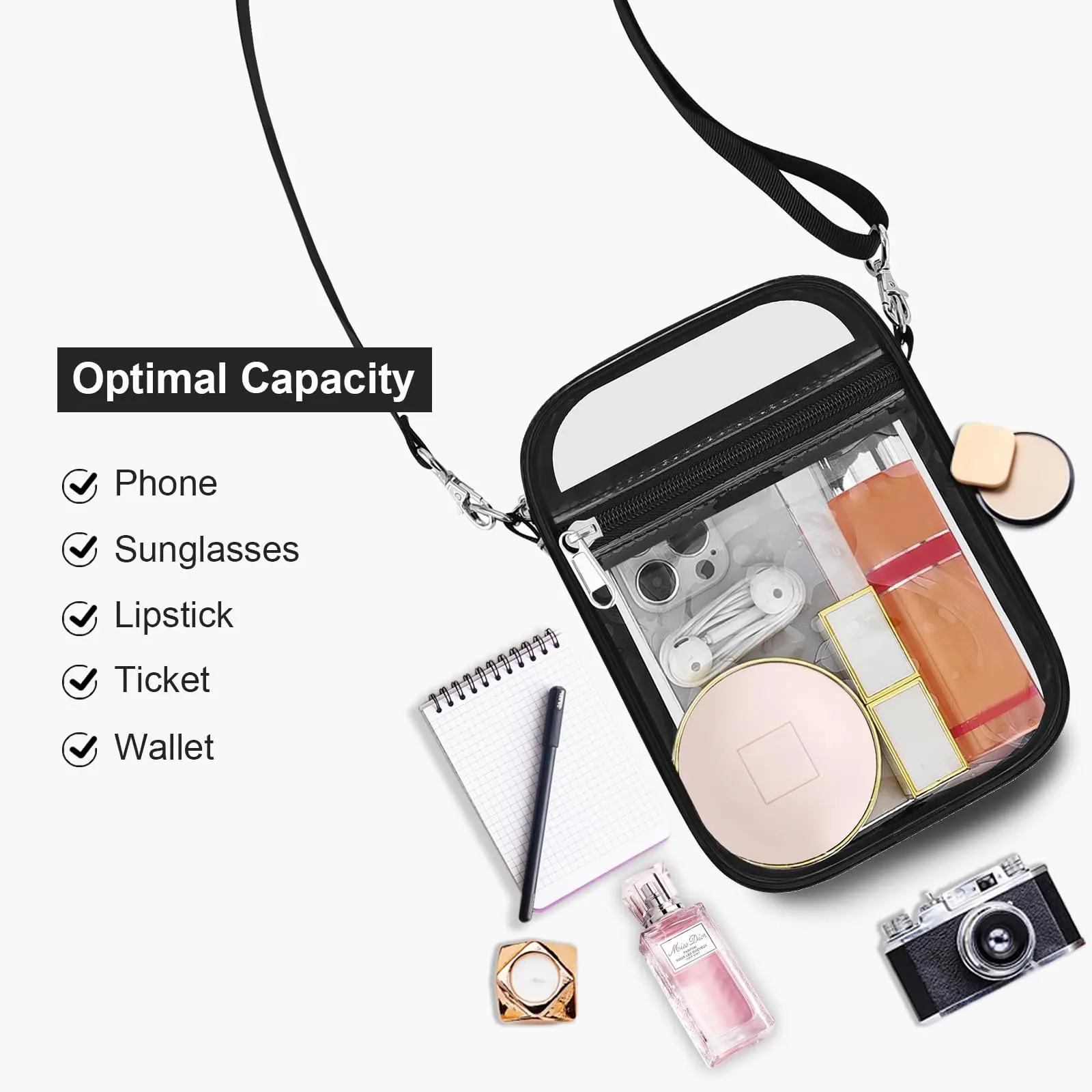 Clear Purse Stadium Transparent Messenger Bag with Removable Strap & Waterproof PVC for Men and Women Ideal for Events Secure 360° Design Adjustable Shoulder Bag Zippered Sling Bag