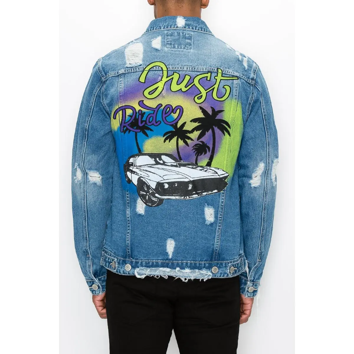 VICTORIOUS Just Ride Airbrush Denim Jacket - Distressed Details & Graphic Print, 100% Cotton Denim - Long Sleeve