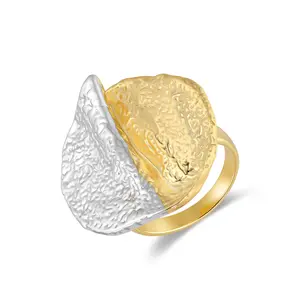 Mytys Two-Tone Hammered Textured Asymmetrical Leaf Sculpture Statement Ring For Women