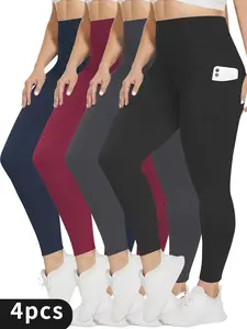 Plus Size 4-Pack Booty Lift Leggings - High Waisted Yoga Pants with Deep Pockets | Tummy Slimming & Squat-Proof for Big Thighs & Curvy Body