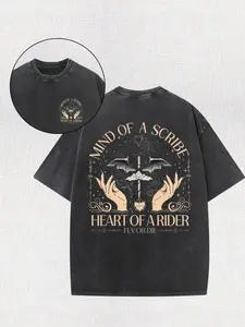 Men's Vintage Basgiath War Academy Dragon Knight Graphic Tee - Heavyweight 230G Washed Cotton Fourth Wing Oversized Menswear, Casual Round Neck Short Sleeve Streetwear BookTok Apparel