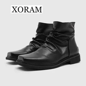 Minimalist style men's square-toed pleated leather boots, black soft leather fashion boots, versatile for commuting, vintage breathable pleated casual ankle boots 66595-K
