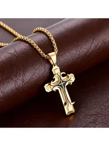 Two-tone Embossed Cross Necklace | Striking contrast of gold and silver hues paired with gothic line details | Exudes an icy noble aura