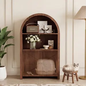 Cat Litter Box Enclosure Furniture, Hidden Cat Litter Box Furniture with Side Entry, Open Shelf, Arched Top, Farmhouse Indoor Cat House for Living Room, Walnut