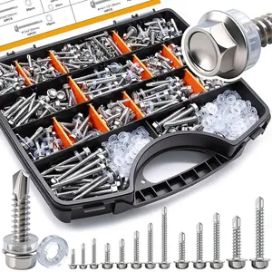 840pcs # 14 # 12 # 10 # 8 Self Tapping Screws for Metal,410 Stainless Steel Screws Assortment Kit, Hex Washer Head Quick Tapping Self Drilling Screw with Rubber Washer (420 Sets) K-189