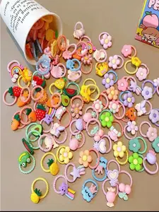 50 Pcs Cute Kids Hairbands Set, Floral Fruit Designs, Elastic Rubber Bands, Random Colors, Perfect for Gifts & Daily Use, Elastic Hair Accessory