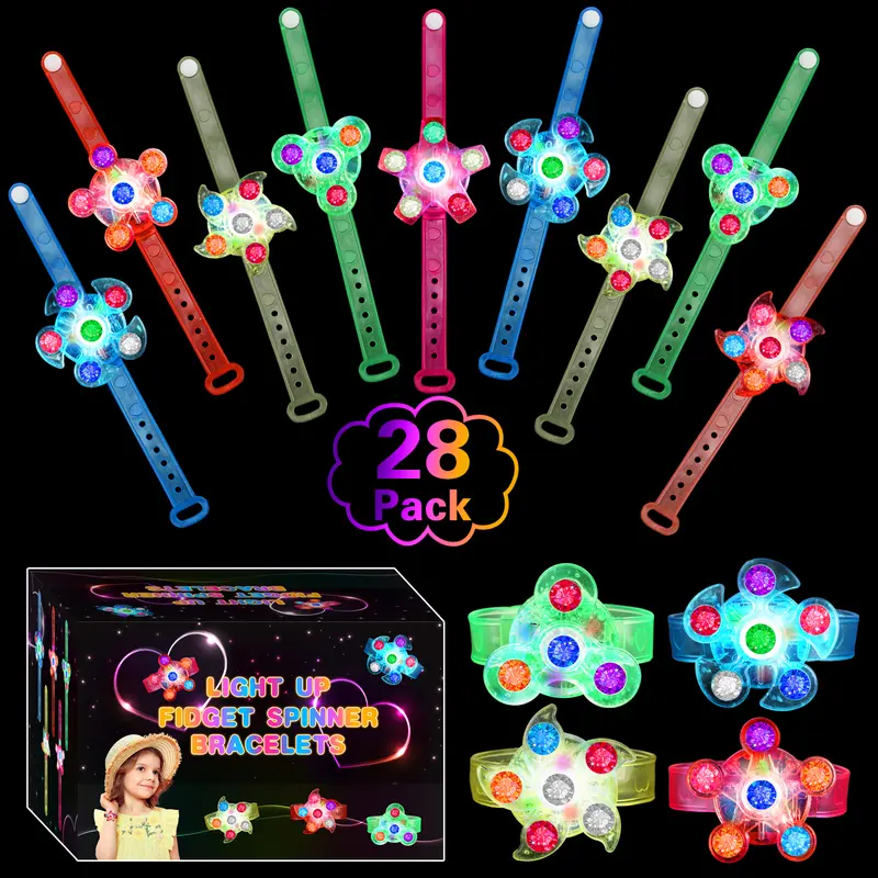 28 Pack LED Light Up Fidget Spinner Bracelets, Party Favors for Kids 4-8 8-12 Glow in The Dark Party Supplies Treasure Box Toys for Class Birthday Gifts Xmas Stocking Stuffers for Teens Goodie Bags