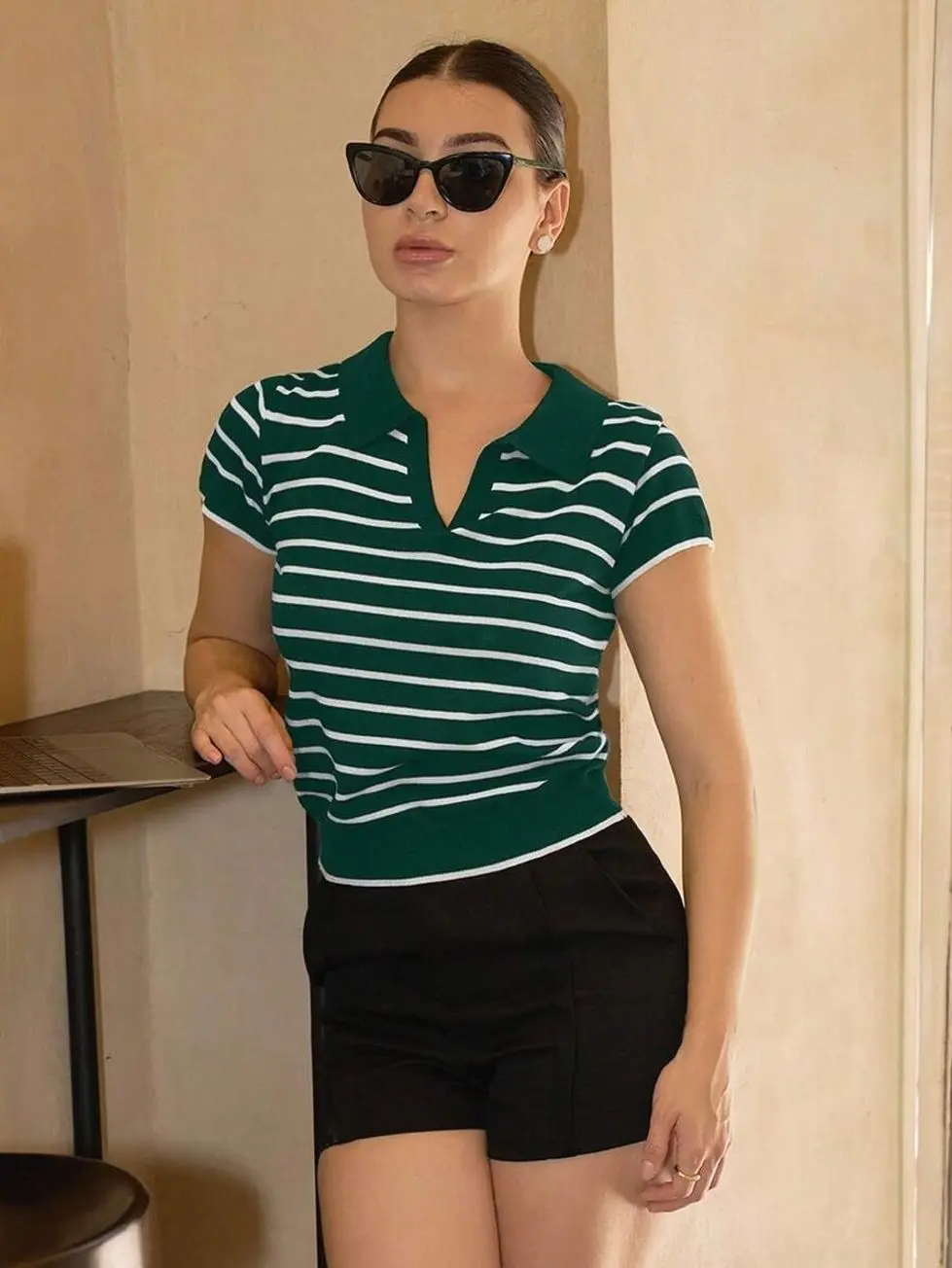 Women’s Collared Striped Knit Sweater, Short Sleeve Casual Polo Style Knit Top