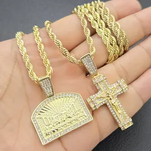 Crucifixion of Jesus Cross & Last Supper Iced Cubic Zirconia Religious Pendant & 4mm 24" Rope Chain Necklace Jewelry for Men, Women, Unisex