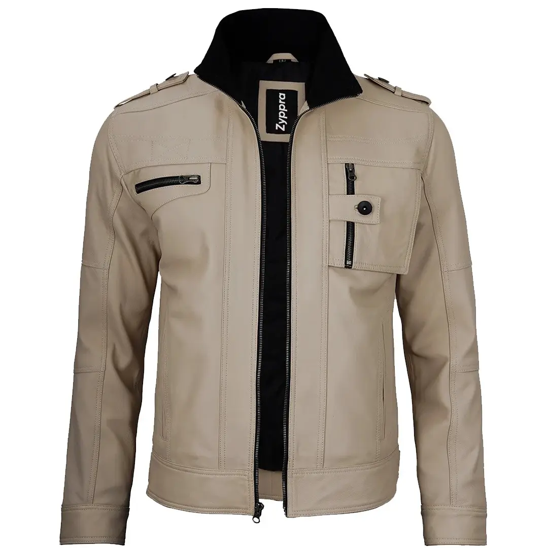 Men's Real Lambskin Leather Beige Biker Jacket – Soft, Durable & Stylish Motorcycle Gear