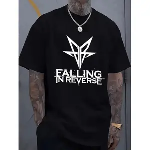 Falling In Reverse Graphic T-Shirt For Men Black Cotton Short Sleeve Tee With Bold White Design Comfortable Round Neck Casual Wear Streetwear Crewneck Tropical Menswear