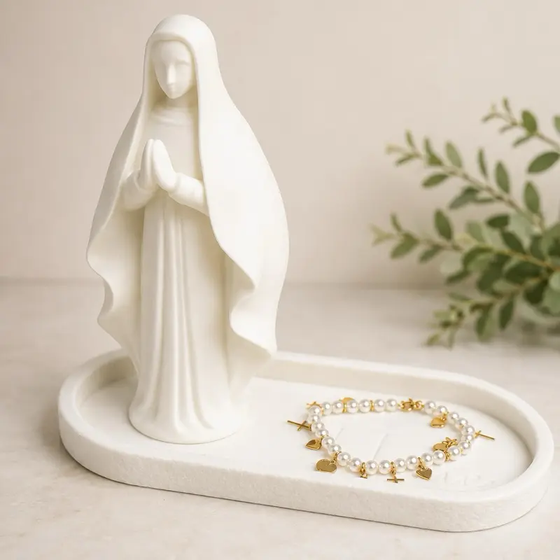 Jewelry Tray with Mary Statue - White Color, Decorative Design, Ideal for Jewelry Organization