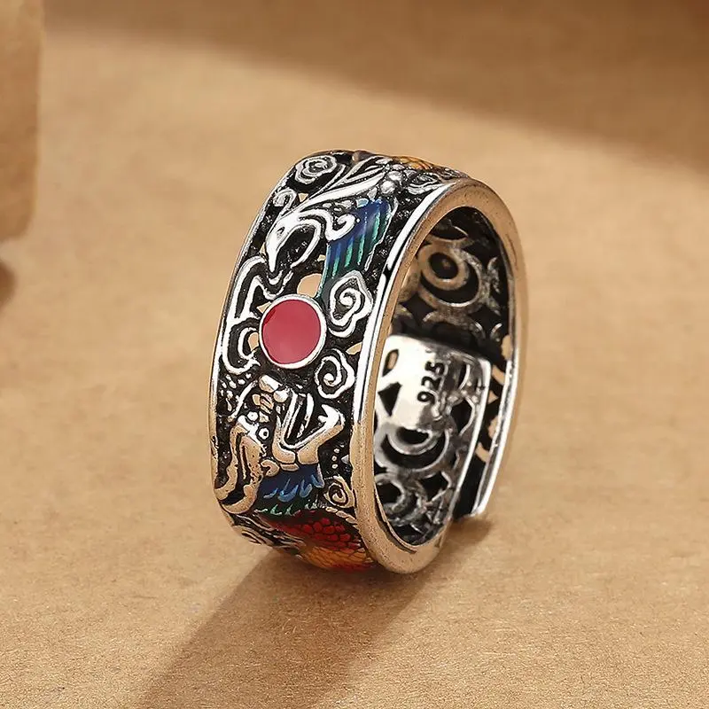 Vintage Colored Enamel Dragon Phoenix Playing Beads Ring For Men Hollow Auspicious Clouds  Trendy S925 Male Ring Jewelry Opening