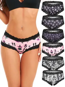 6-Pack Sweet Gothic Print Women Briefs, Sexy Black Lace Splice, Stretchy Soft Comfort Cute Panties Set