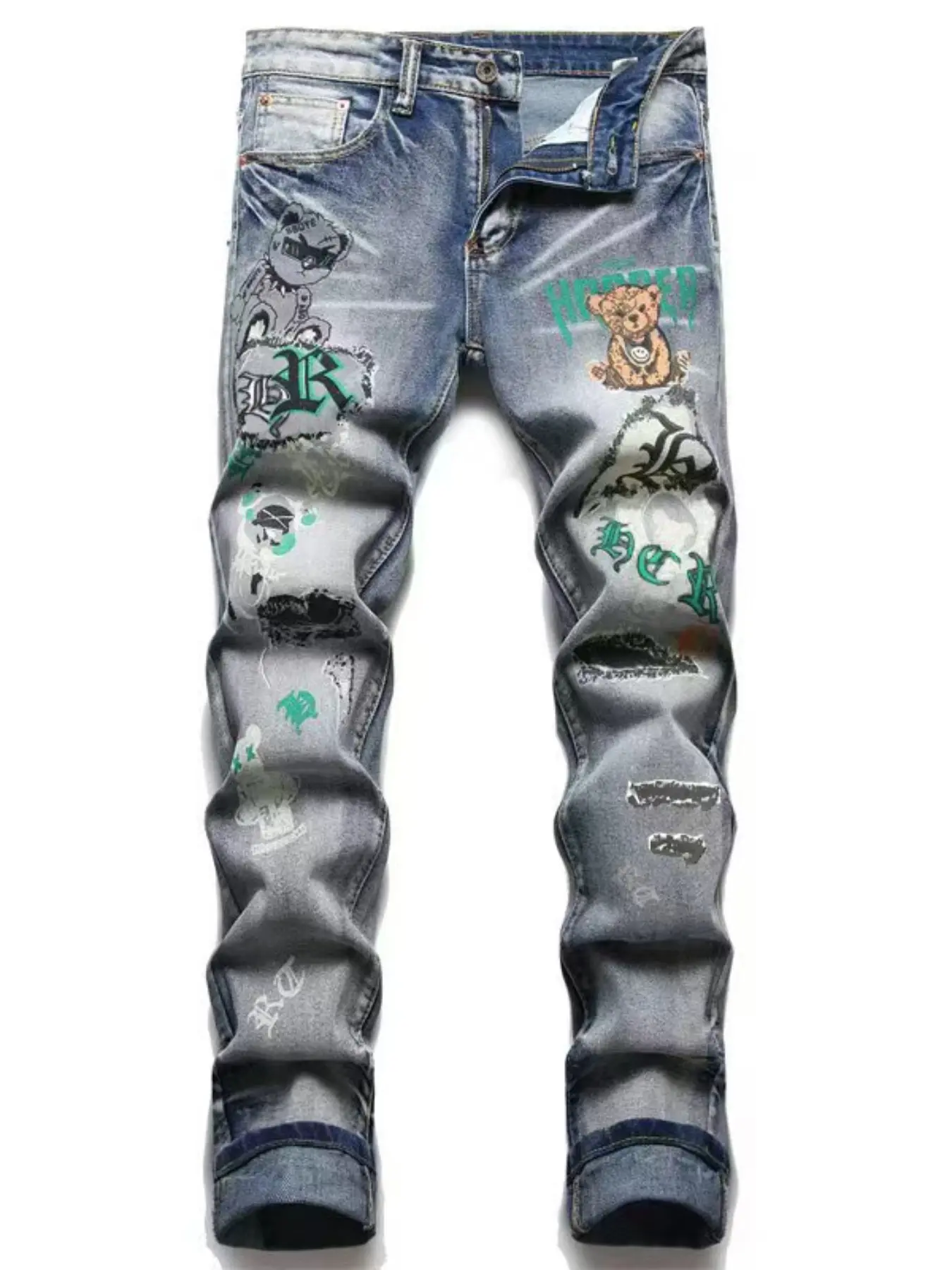 Men's Fashion Jeans with Cat Ear Print, Ripped Knee Jeans, Distressed Denim Pants, Raw Hem Ripped, Trendy Loose Fit Denim Jeans, Stylish Straight Leg Jeans for Casual Wear, Streetwear, Ripped Holes Jeans