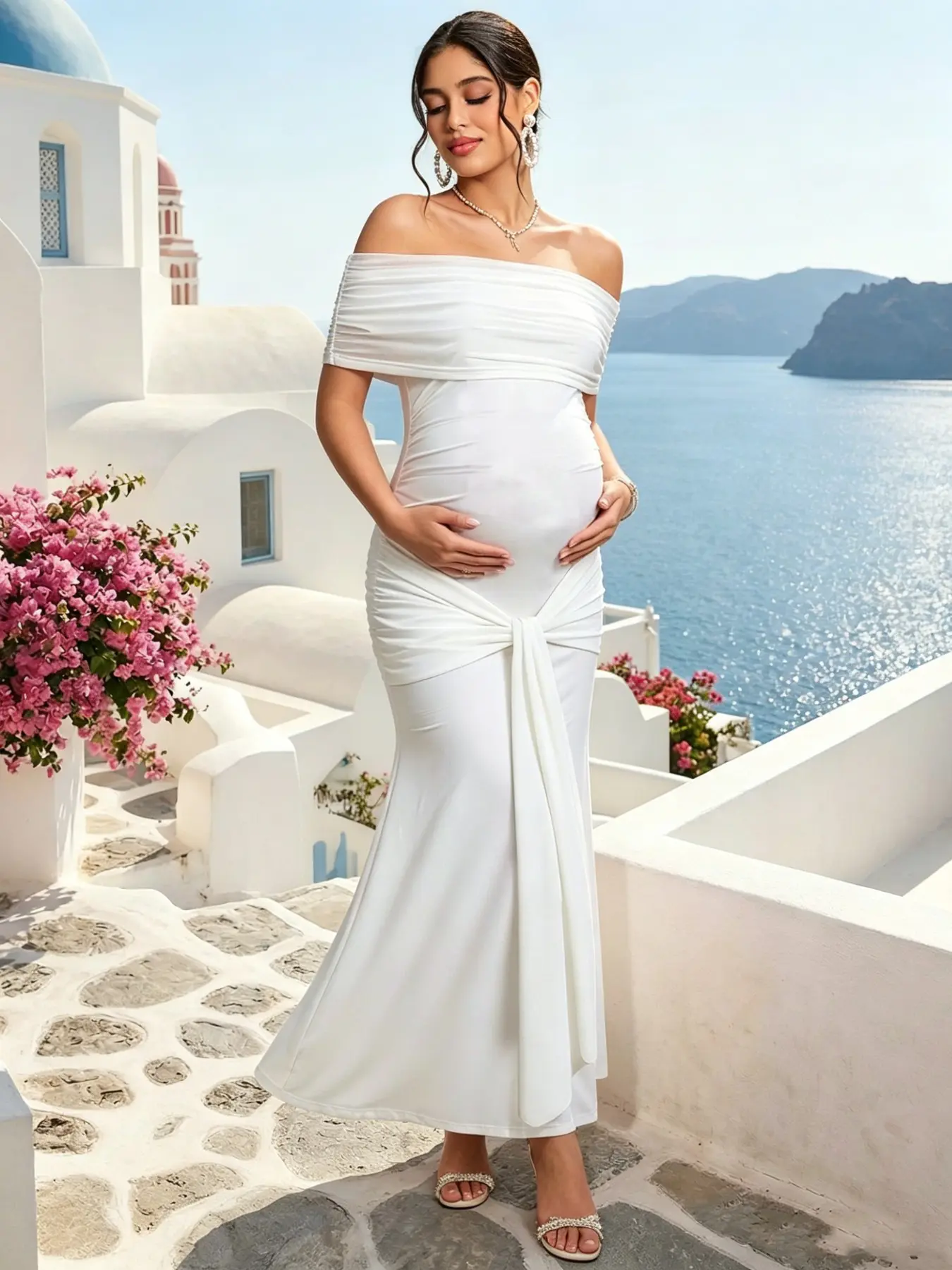 Women's Off-Shoulder Fish Tail Bodycon Dress, One-Piece Design with Netting Detail, Elegant Party Gown for Pregnant Women & Special Occasions