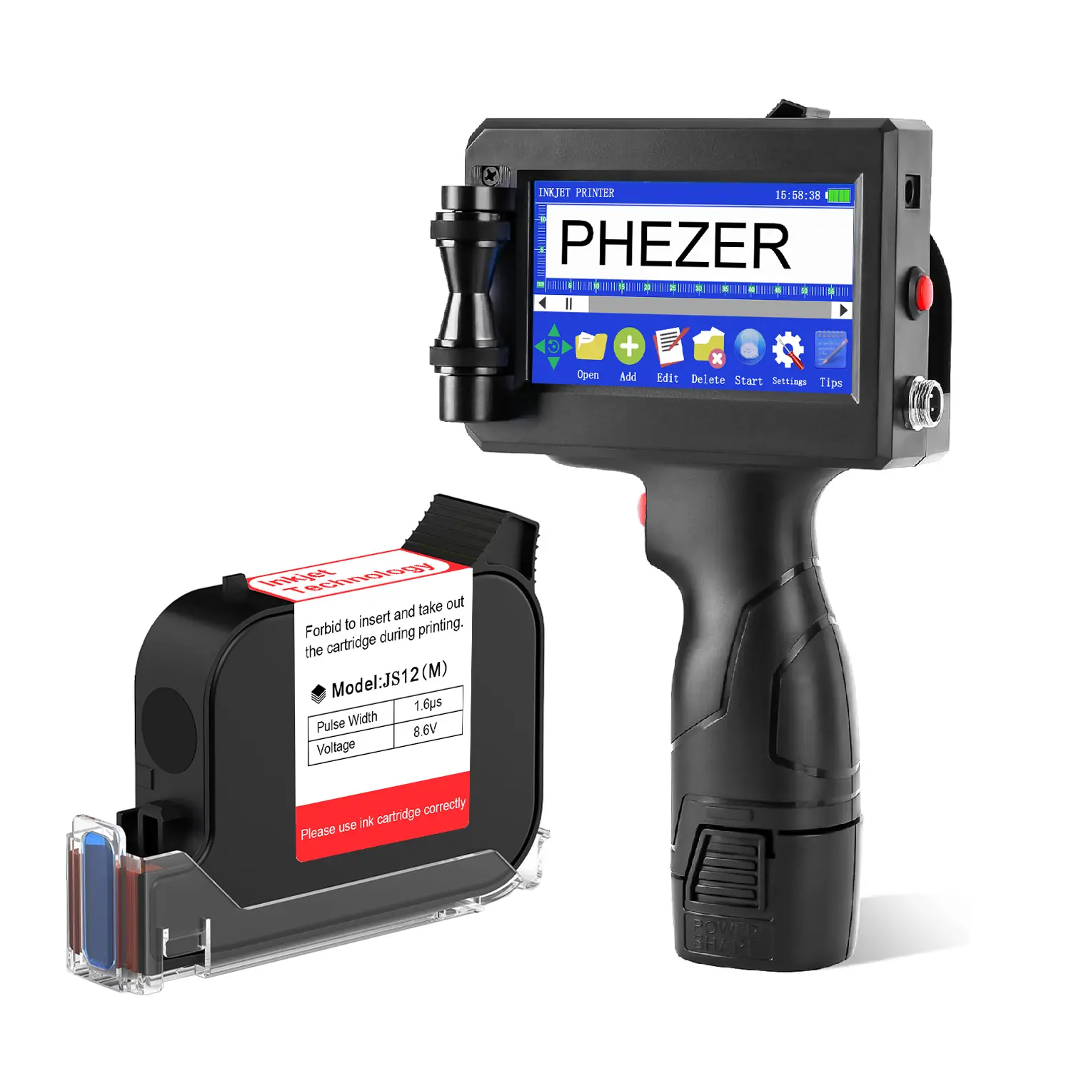 Phezer P15 Handheld Inkjet Printer Kit - 12.7mm Quick-Drying Coder Gun with JS62 Ink, 600DPI Portable Touch Screen Labeler for DIY, Dates, Logos on Fabric, Metal, Plastic, Pipes, Labels