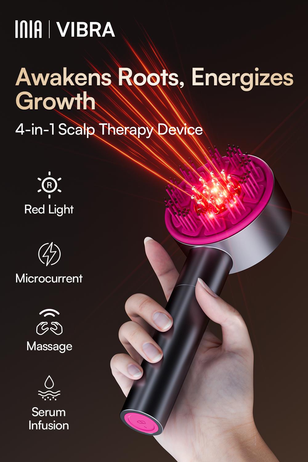 INIA VIBRA 4-in-1 Scalp Therapy Device, Red Light, Microcurrent, Massage, Serum Infusion, Scalp Massager Beauty Device, Waterproof & Wet/Dry Use, Perfect Holiday Gift