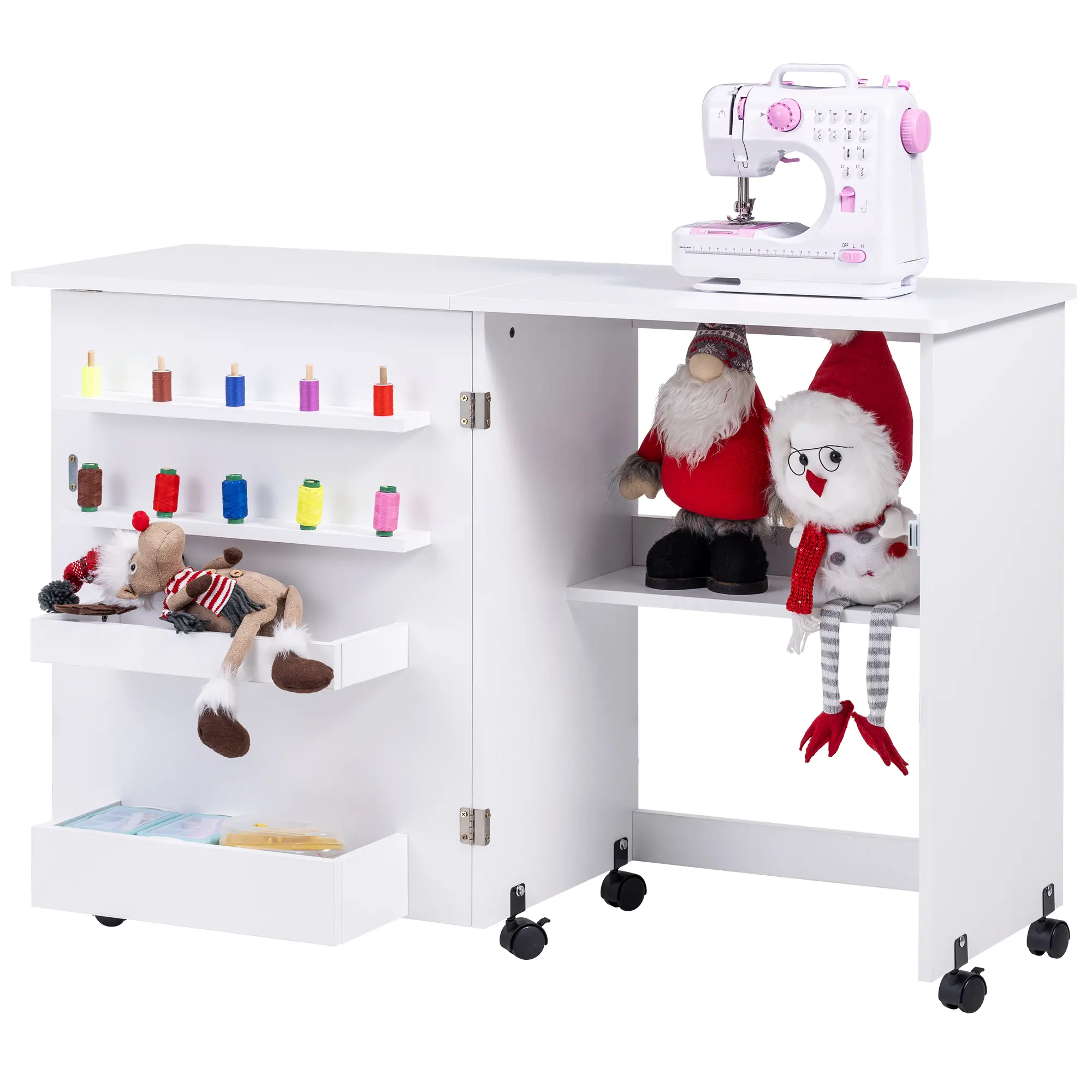 Folding Sewing Table, Multipurpose Sewing Machine Table with Compact Design, Wheels, Shelves, Bins, Pegs, Magnetic Locks (White),familyfun