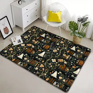 Magic Library Ghost Rug, Dark Fairy Tale Entrance Mat, Vintage Bookshelf Floral Print, High Elasticity Non-Slip Durable Easy Clean