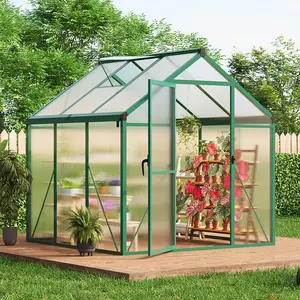 GARVEE 6x6 FT Greenhouse for Outdoors, Polycarbonate Greenhouse with Roof Vent, Ground Nails, Lockable Push Door, Aluminum Large Walk-in Green House for Outside Garden Backyard, Patio, Lawn, Green