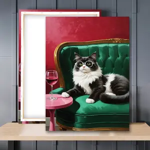 1pc Wooden Framed, Trendy Tuxedo Cat with Wine Glass Wall Art Print, Cocktail Art Bar Cart Decor Poster, Cat Picture Wall Art Canvas Painting, Gift for Cat Lovers, For Bathroom, Bedroom, Office, Living Room, Wall, Room, Home Decor Ideas
