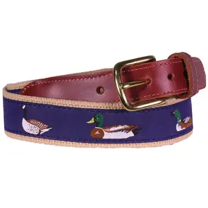 SoliVisk Men's Classic Navy Waterfowl Leather Tab Ribbon Belt
