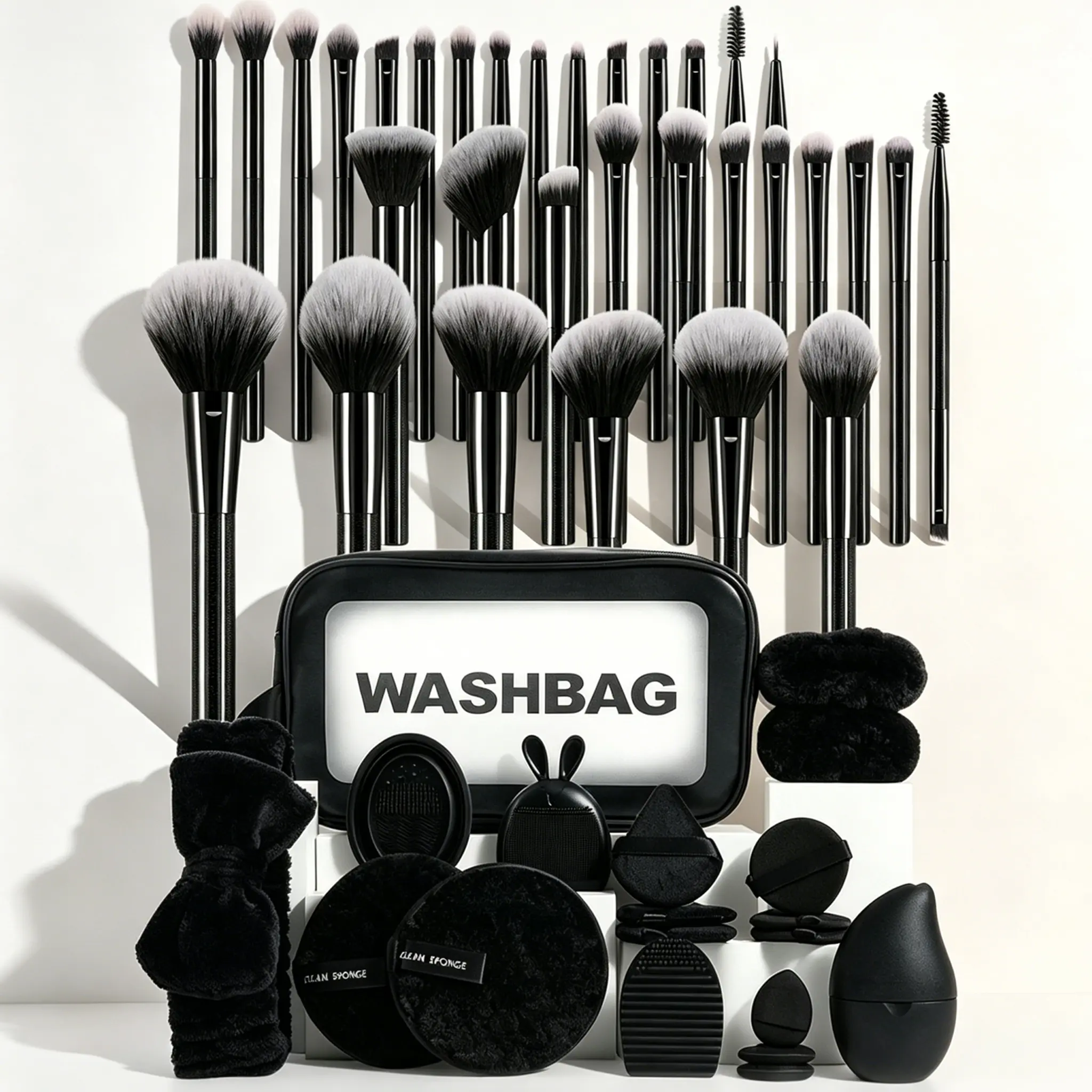 All-In-One Makeup Set Makeup Brushes Soft Gradient Grey Synthetic Face Fan Eye Lash Brow Brushes Beauty Sponges Triangle Finger Powder Puffs Plush Hair Cleaning Bowl Wash Bag Complete Makeup Tools For Daily Travel, Hairband, Waterproof