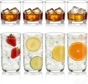 Drinking Glasses Set of 8, PET Clear Plastic Highball Glasses 14oz & Whiskey Cocktail Glasses Set 11.5oz, Heavy Duty Unbreakable Water Glasses Cup Tumbler Glassware for Beer, Juice, Milk