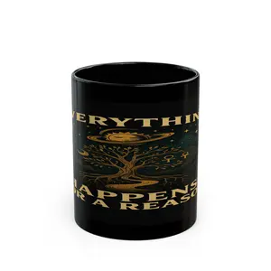 Everything Happens For A Reason Inspirational Quote Ceramic Drinkware 11Oz Black Glossy Reusable Washable Coffee Mug with Handle