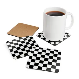 Classic Checkered Pattern Corkwood Coaster Set - Black and White Checker Print Coaster -