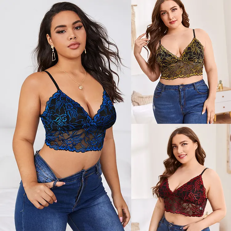 Plus Size Women Contrast Lace Cami Top, Deep V Wire-Free Bralette Backless Beauty Back Layering Tank Top