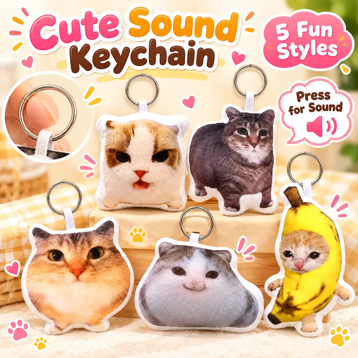 Cat Keychain - Cute Press for Sound Cat Bag Charm, Funny Kitty Key Ring for Backpack, Purse & Keys, Novelty Gift for Cat Lovers
