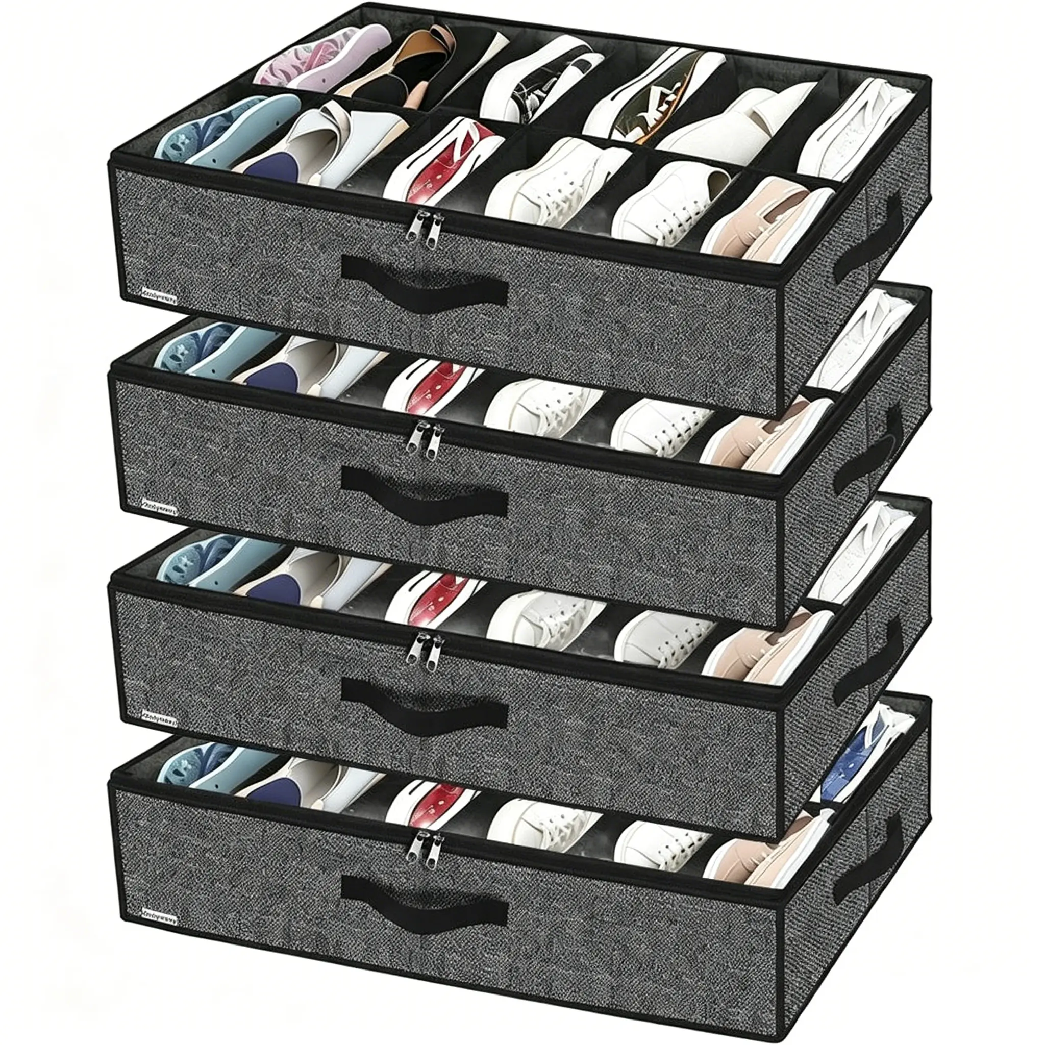 UNIQDESIGN Large Size Synthetic Polypropylene Rectangle Under Bed Shoe Storage Organizer 2/4 Pack - Durable Foldable Travel & Closet Container Boxes, 2 Sturdy Handles, See-Through Window, 29.3in x 23.6in x 5.9in, Fits 12-24 Pairs